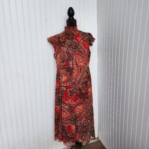 Tommy Hilfiger Women's Paisley Red Multi A-Line Mock-Neck Keyhole Dress Sz 12